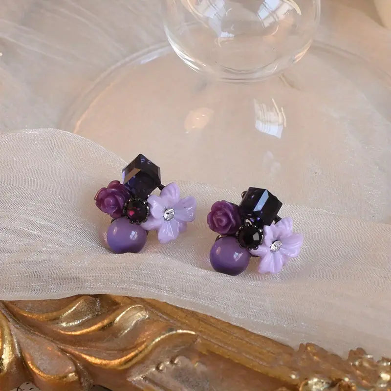 Purple Crystal Flower Earrings - Chic Alloy & Imitation Jade