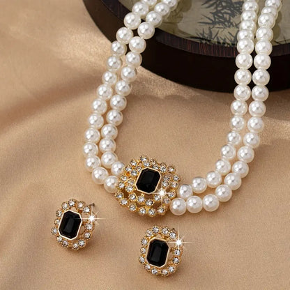 Elegant Double-Row Faux Pearl & Rhinestone Jewelry Set – Necklace & Earrings