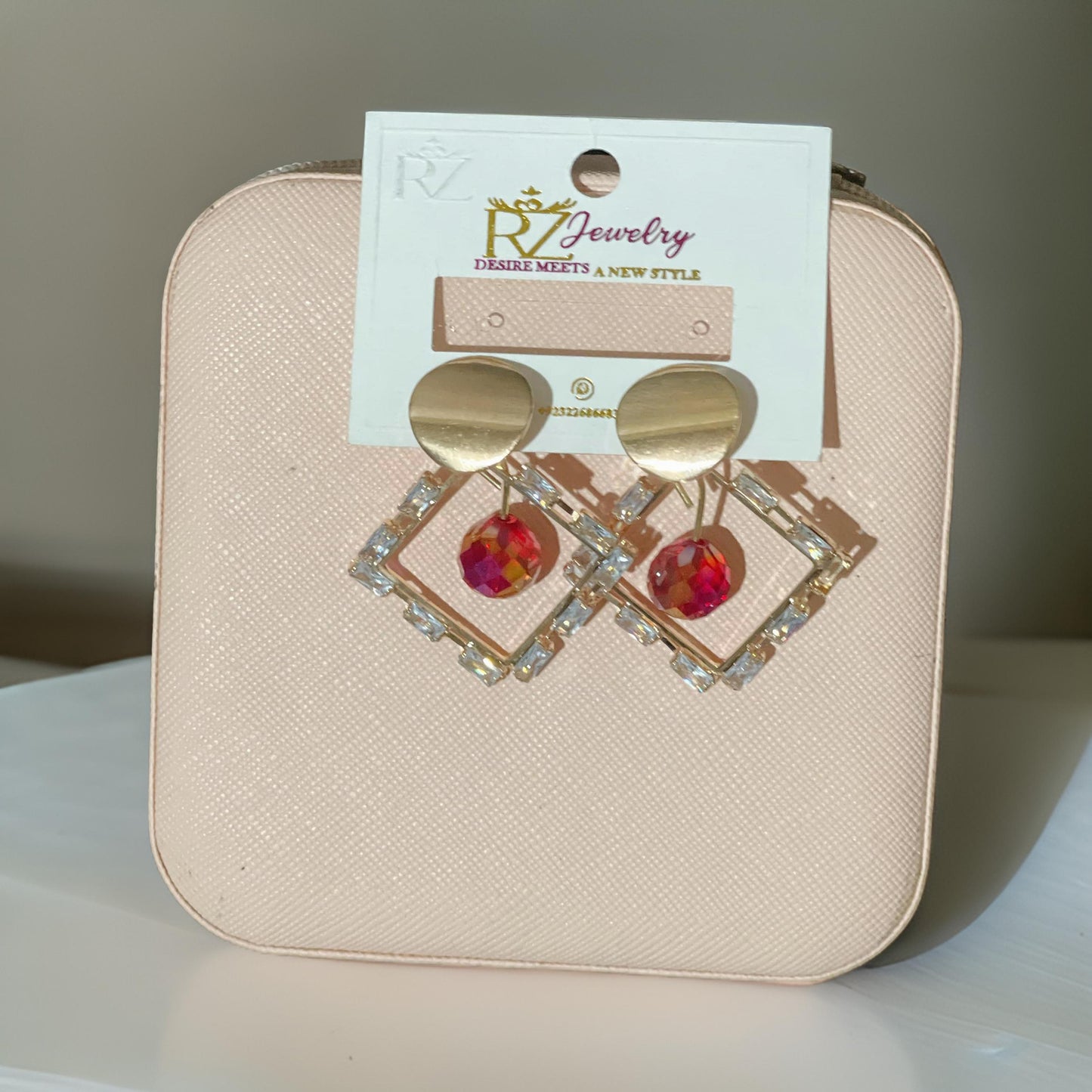 Elegant Gold & Crystal Geometric Earrings with Red Accents