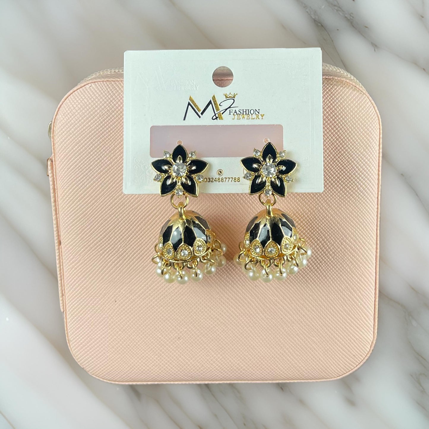 Elegant Black & Gold Jhumka Earrings with Pearl Accents