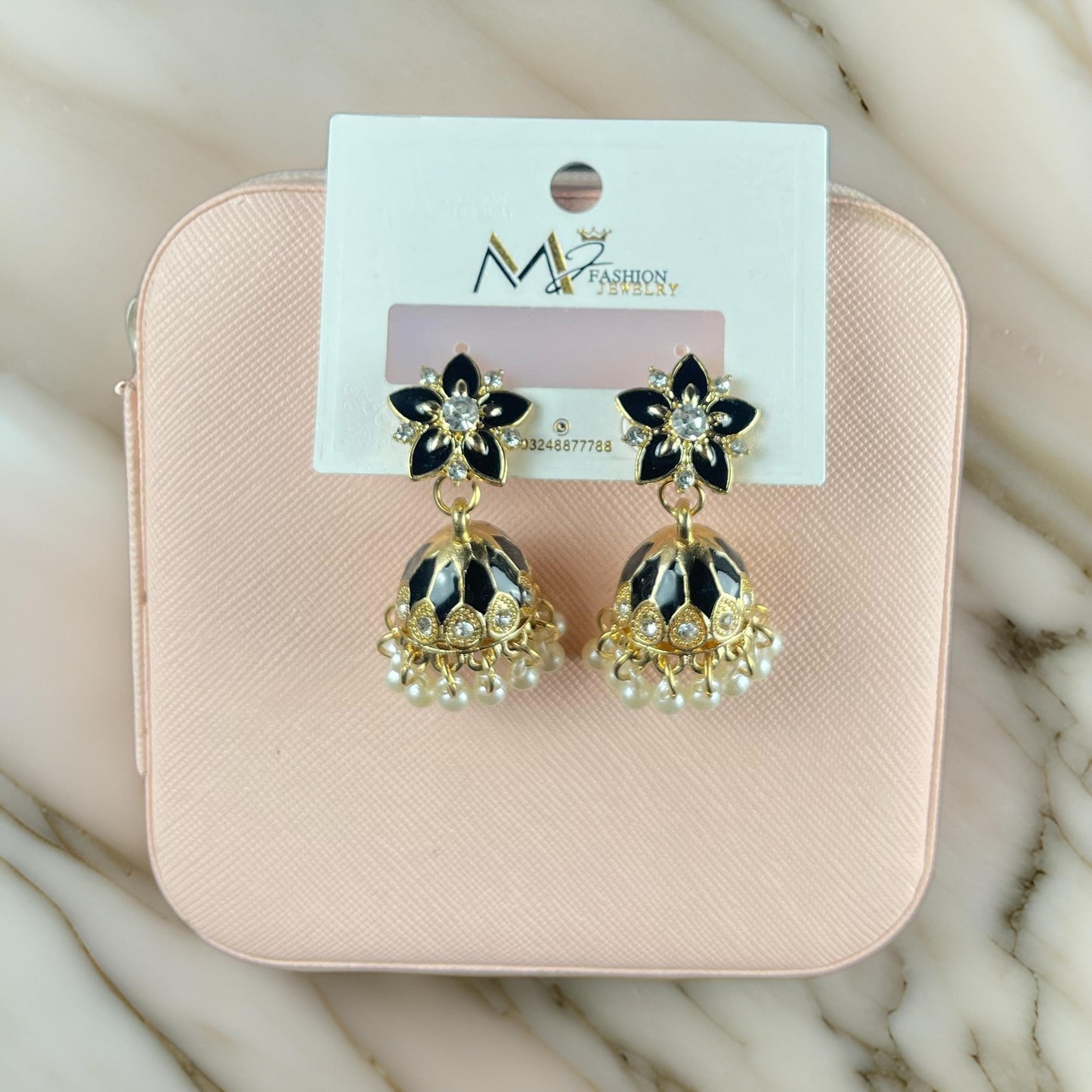 Elegant Black & Gold Jhumka Earrings with Pearl Accents