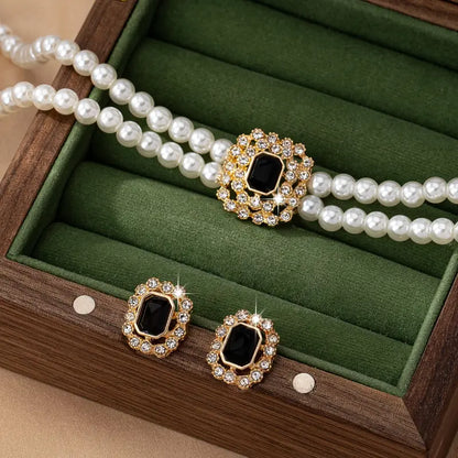 Elegant Double-Row Faux Pearl & Rhinestone Jewelry Set – Necklace & Earrings