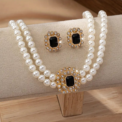 Elegant Double-Row Faux Pearl & Rhinestone Jewelry Set – Necklace & Earrings