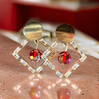 Elegant Gold & Crystal Geometric Earrings with Red Accents