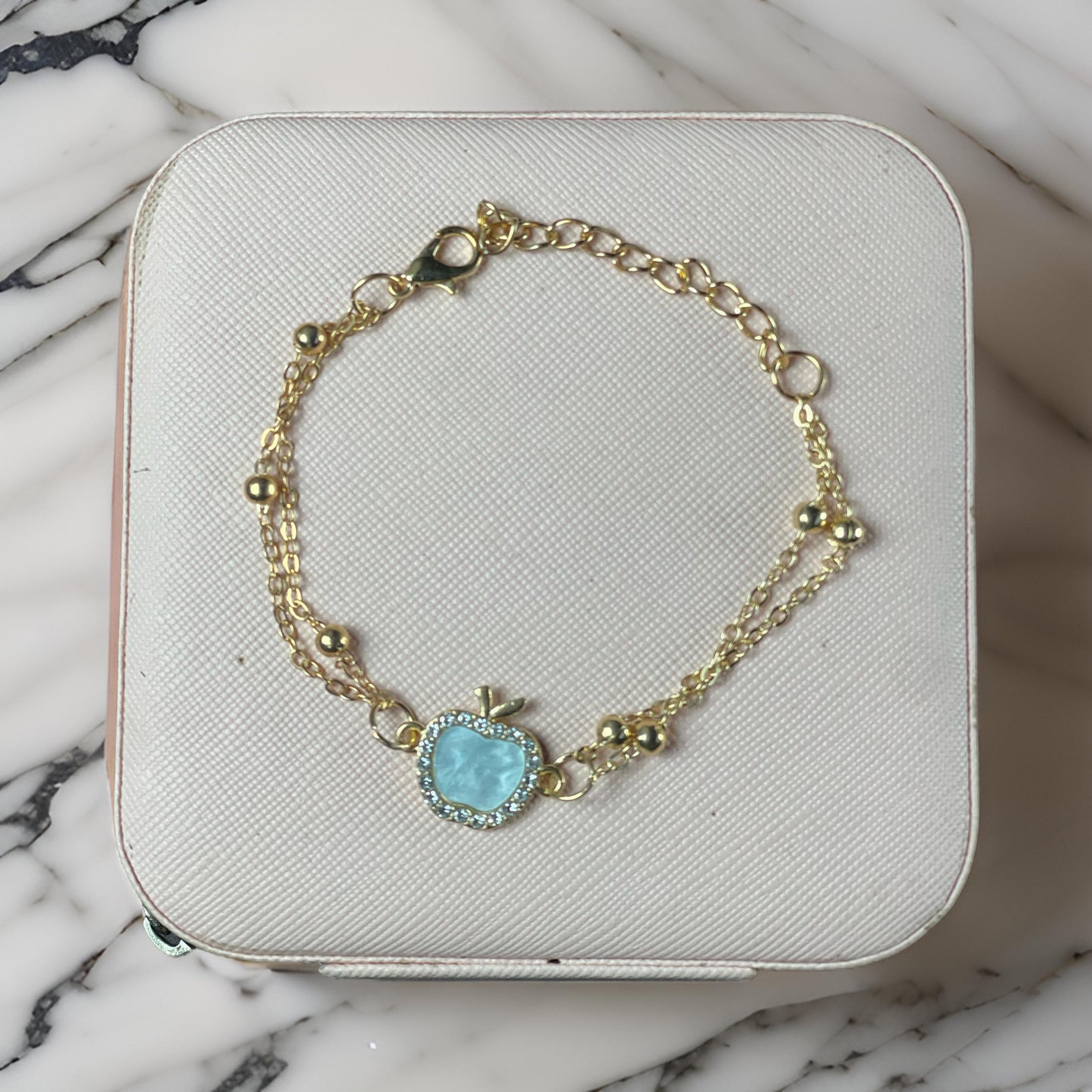 Elegant Gold Chain Bracelet with Blue Apple Charm and Beaded Accents