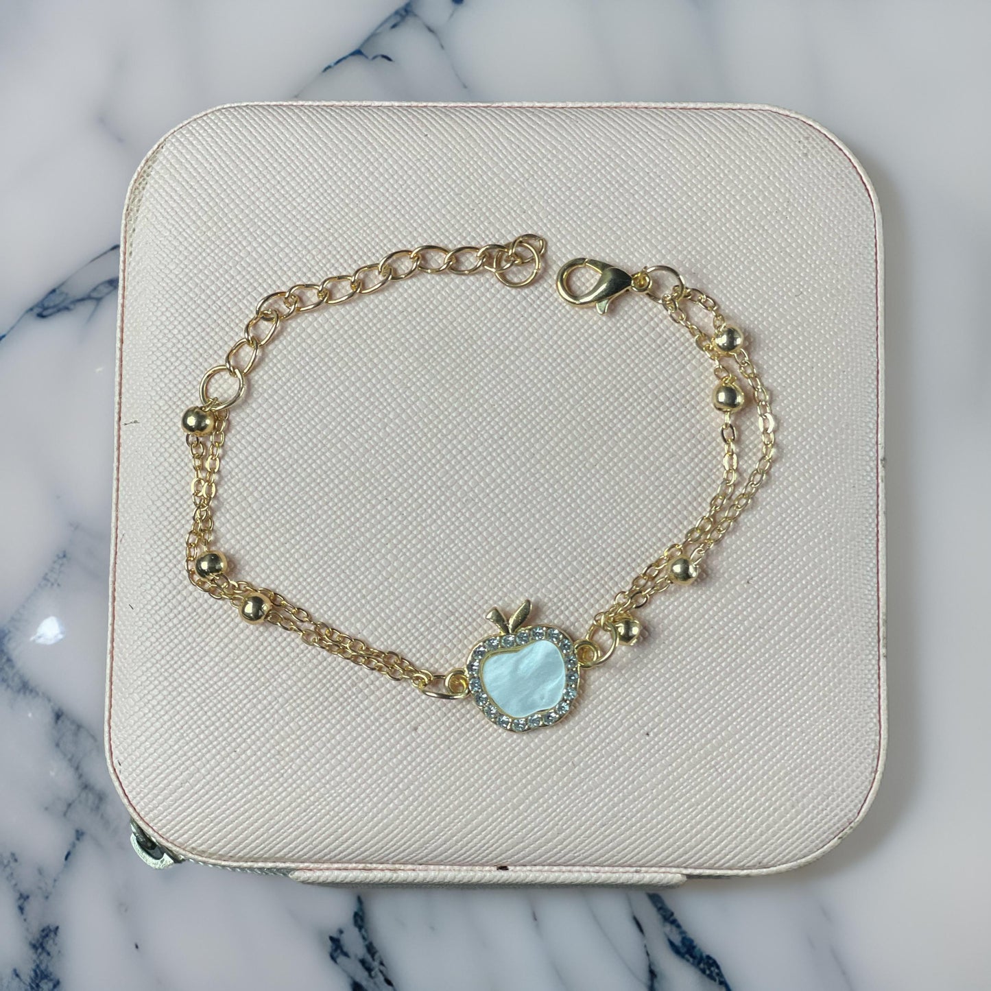 Elegant Gold Chain Bracelet with Blue Apple Charm and Beaded Accents