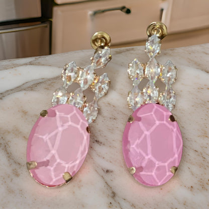 Elegant Pink Oval Gemstone Earrings with Crystal Accents