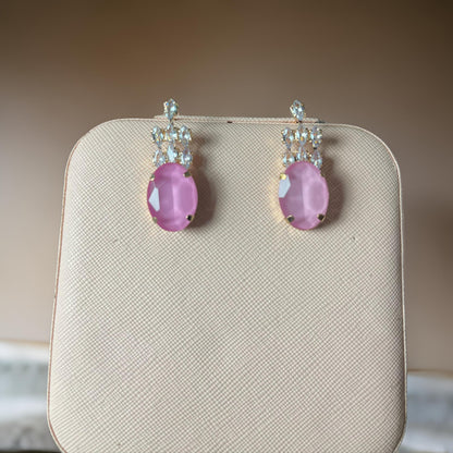 Elegant Pink Oval Gemstone Earrings with Crystal Accents