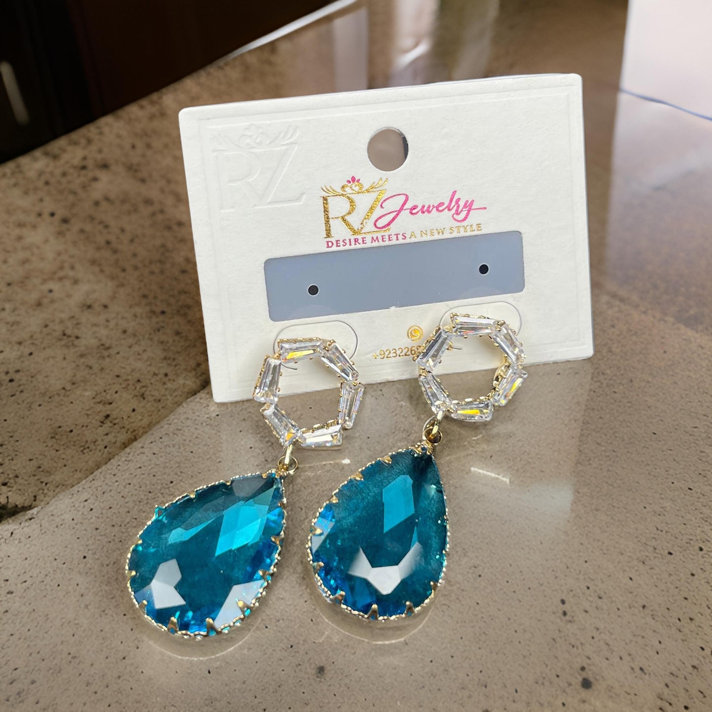 Luxury Blue Teardrop Gemstone Earrings with Crystal Hoops