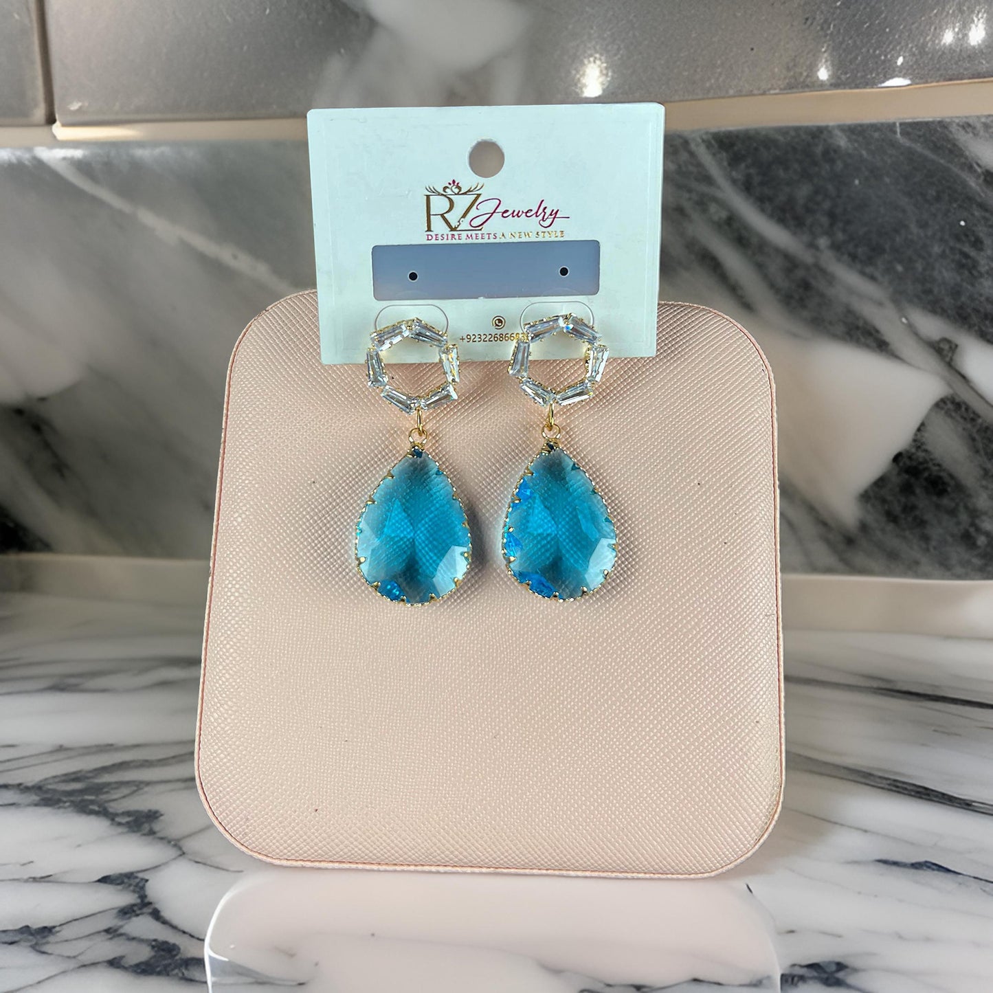 Luxury Blue Teardrop Gemstone Earrings with Crystal Hoops