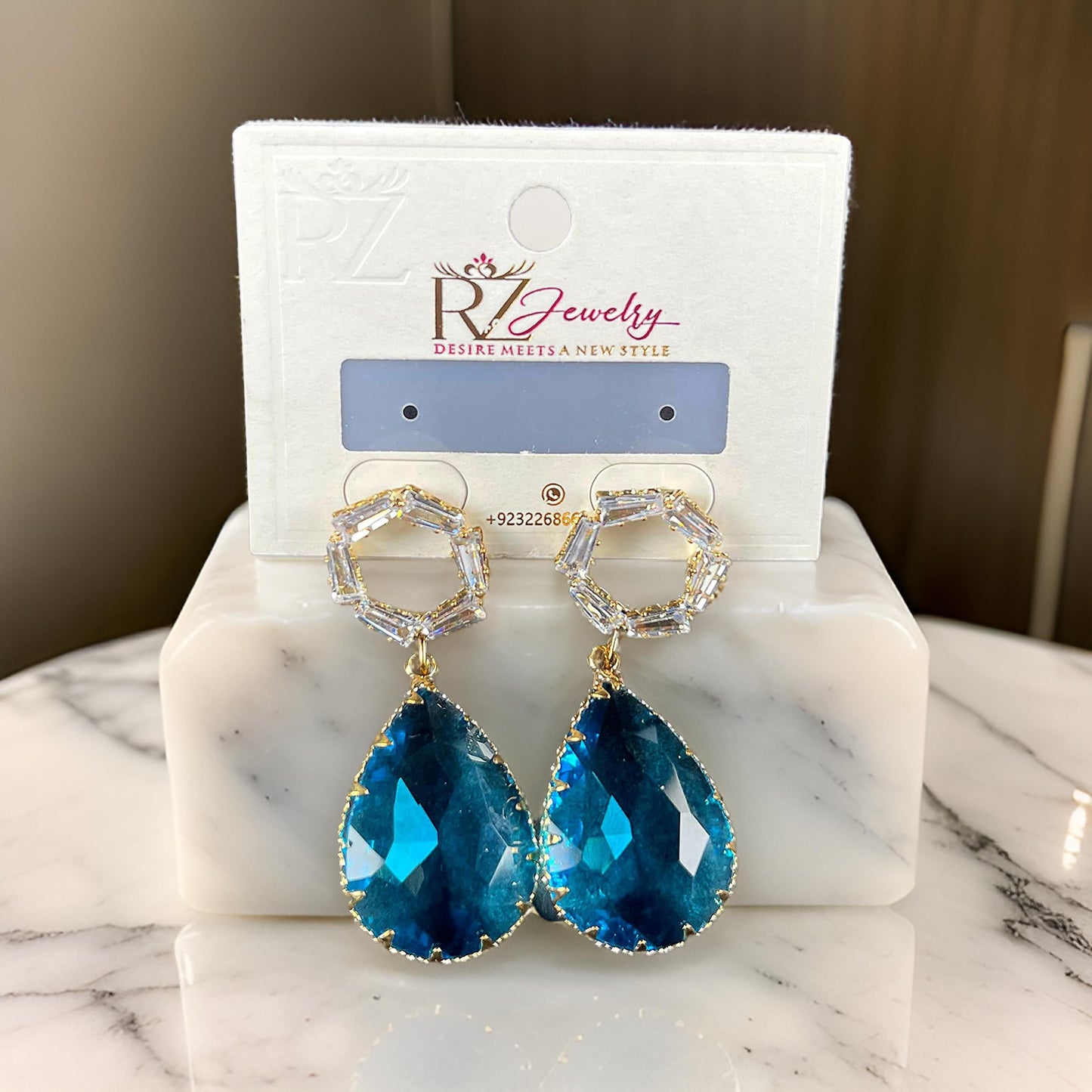 Luxury Blue Teardrop Gemstone Earrings with Crystal Hoops